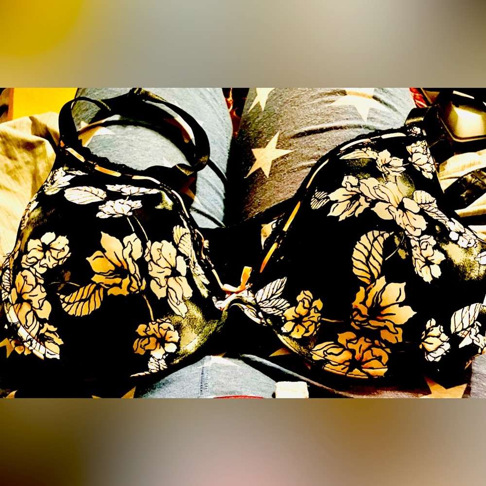 Floral Bra with Pink Ribbon, Size 40D